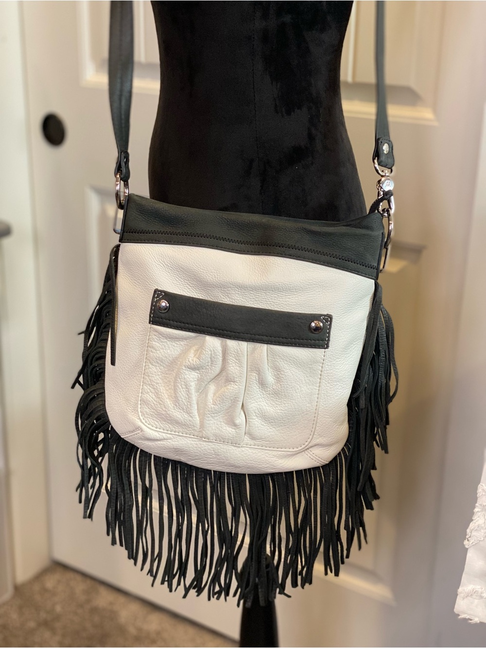 Aimee Kestenberg Black and White Leather Fringe Crossbody